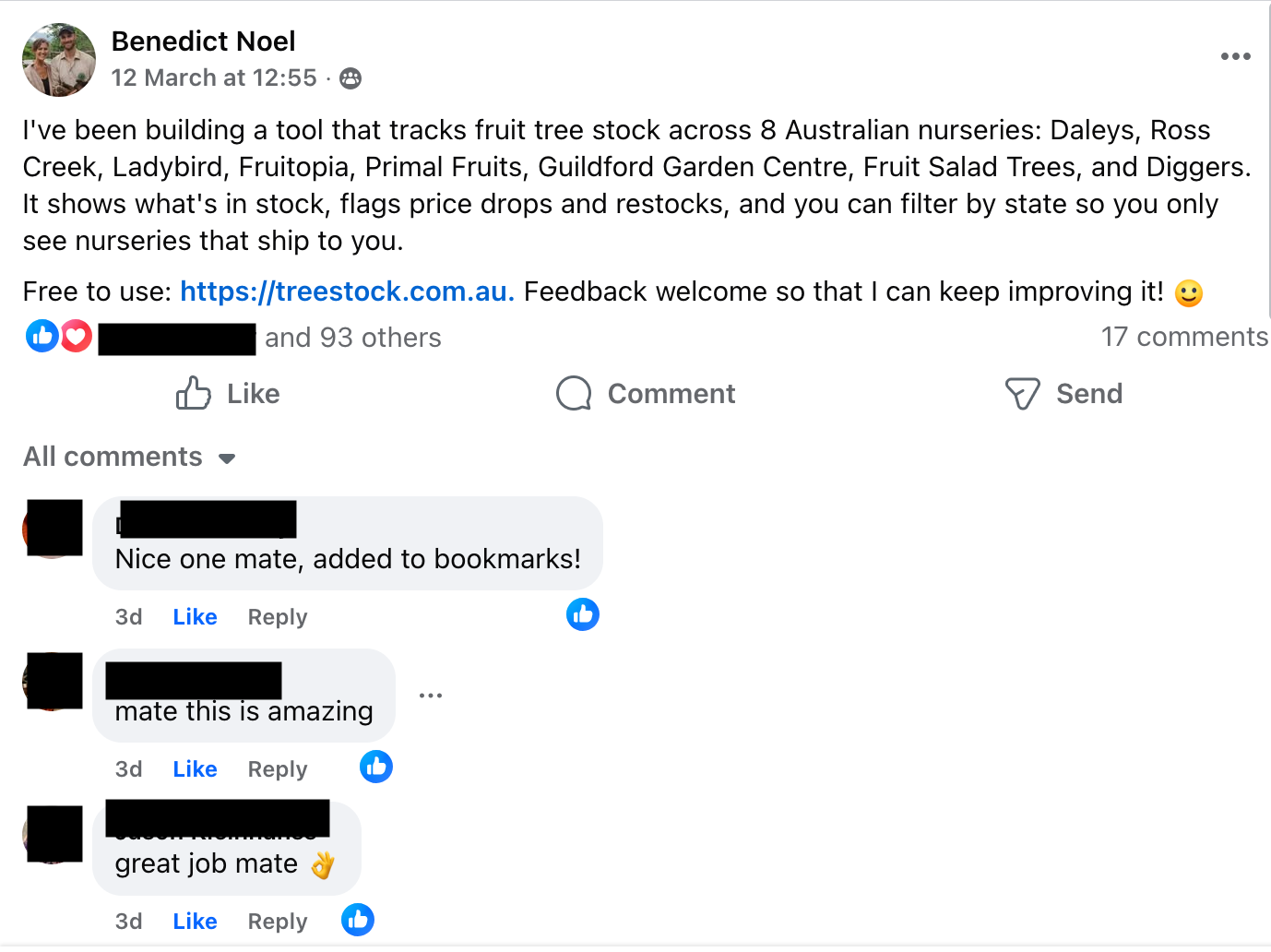 Facebook post in Oz Rare Fruit group with 94 likes and 17 comments