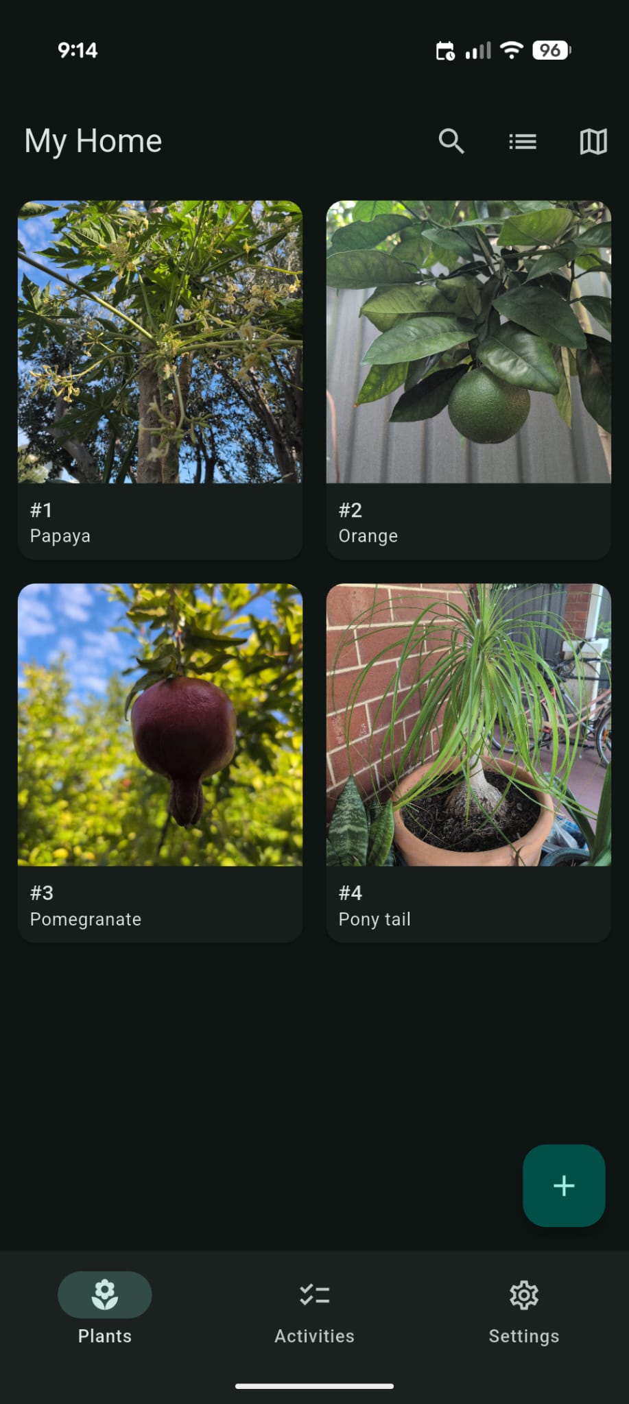 TreeSmith home screen showing plants in a grid